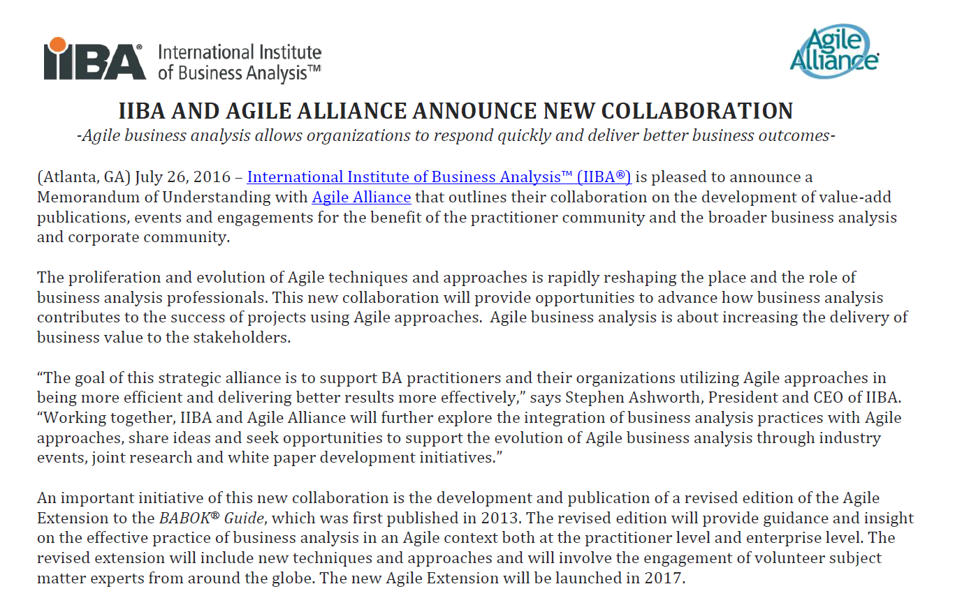 IIBA®  and Agile Alliance announce new collaboration