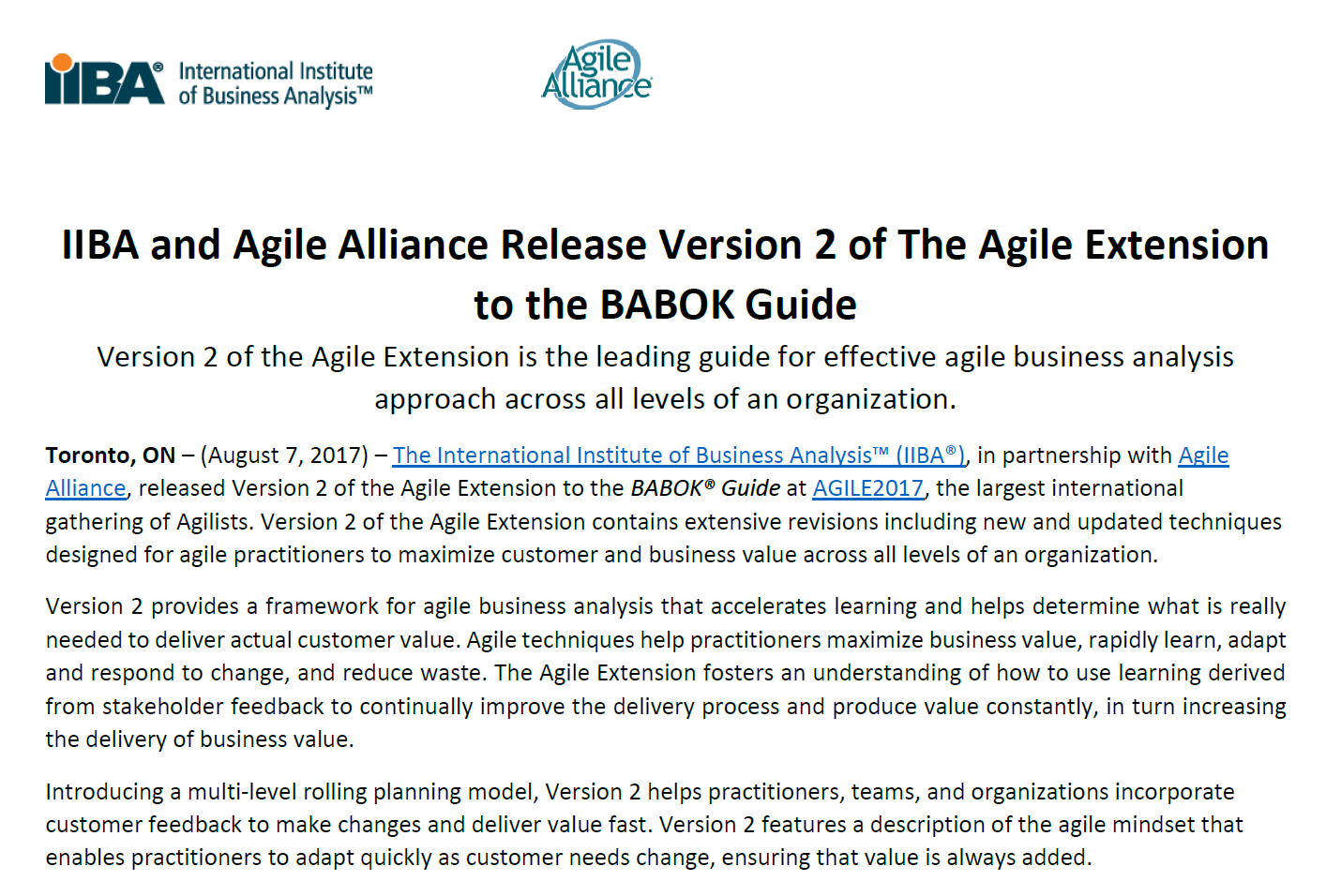 IIBA® and Agile Alliance Release BABOK® Guide v2