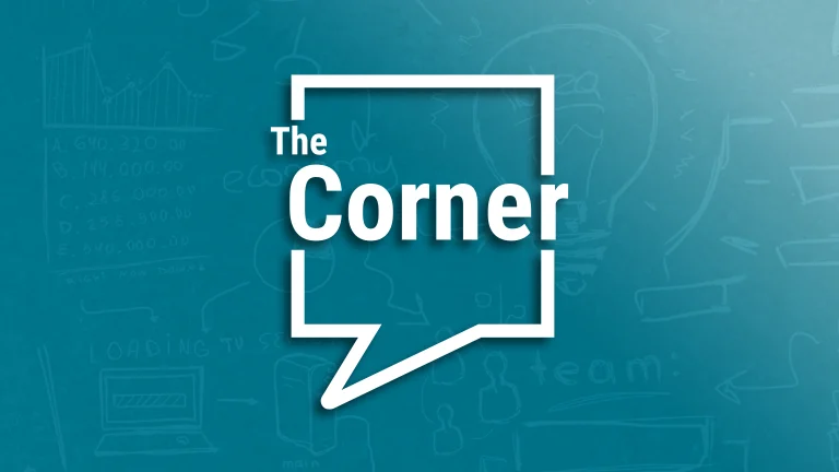 A blue graphic with faded white sketches in the background. In the centre is a dialogue box with the text "The Corner" in the middle of it