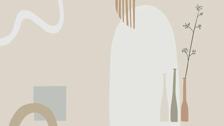 Background of wabi-sabi slyle with simple and organic abstract shapes and flowers in vases. Best colors for wabi-sabi and japandy style.